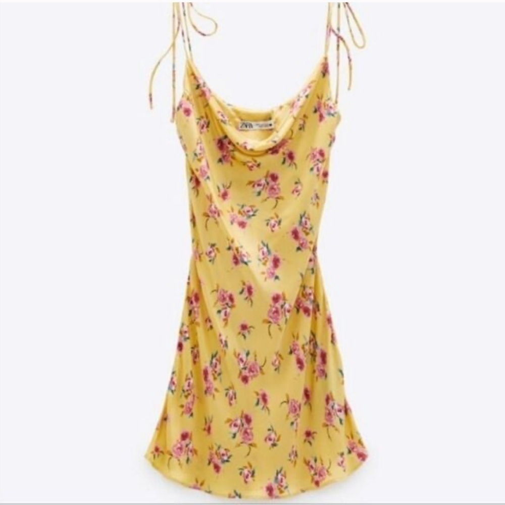 ZARA Safia Yellow Floral Draped Camisole Satin Slip Mini Dress